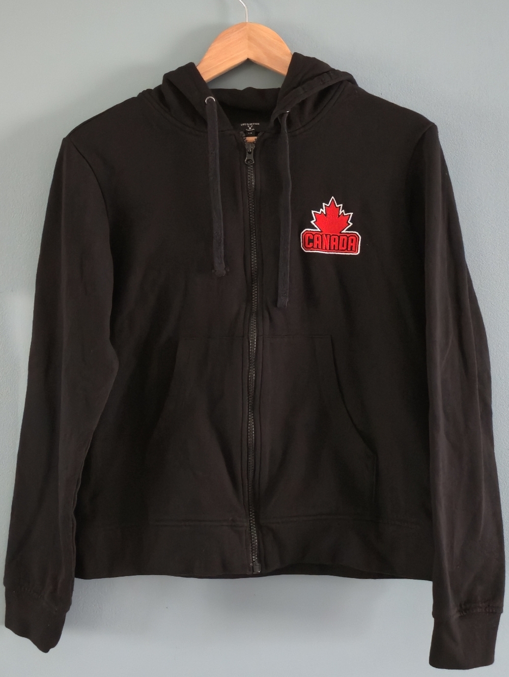 Black Canada Zip Hoodie with Red Maple Patch Lg
